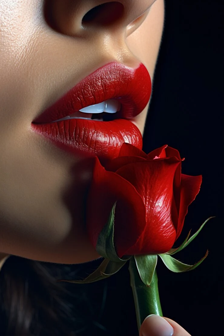 Red lips with a rose of a blowjob escort