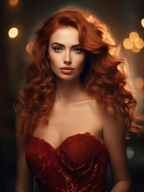 Redhead escort with curls in red dress